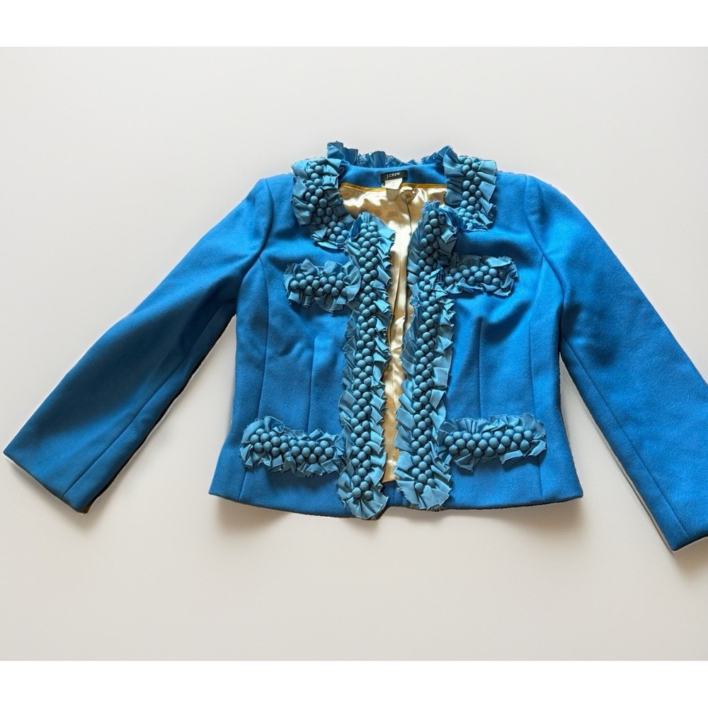 J.Crew Berry Trim Astrid Jacket 0 Bright Blue Wool Silk FA08
